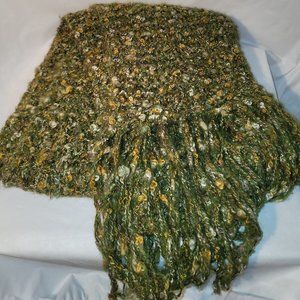 Knit Scarf with Fringe ~ Olive Green with White & Gold Accents
